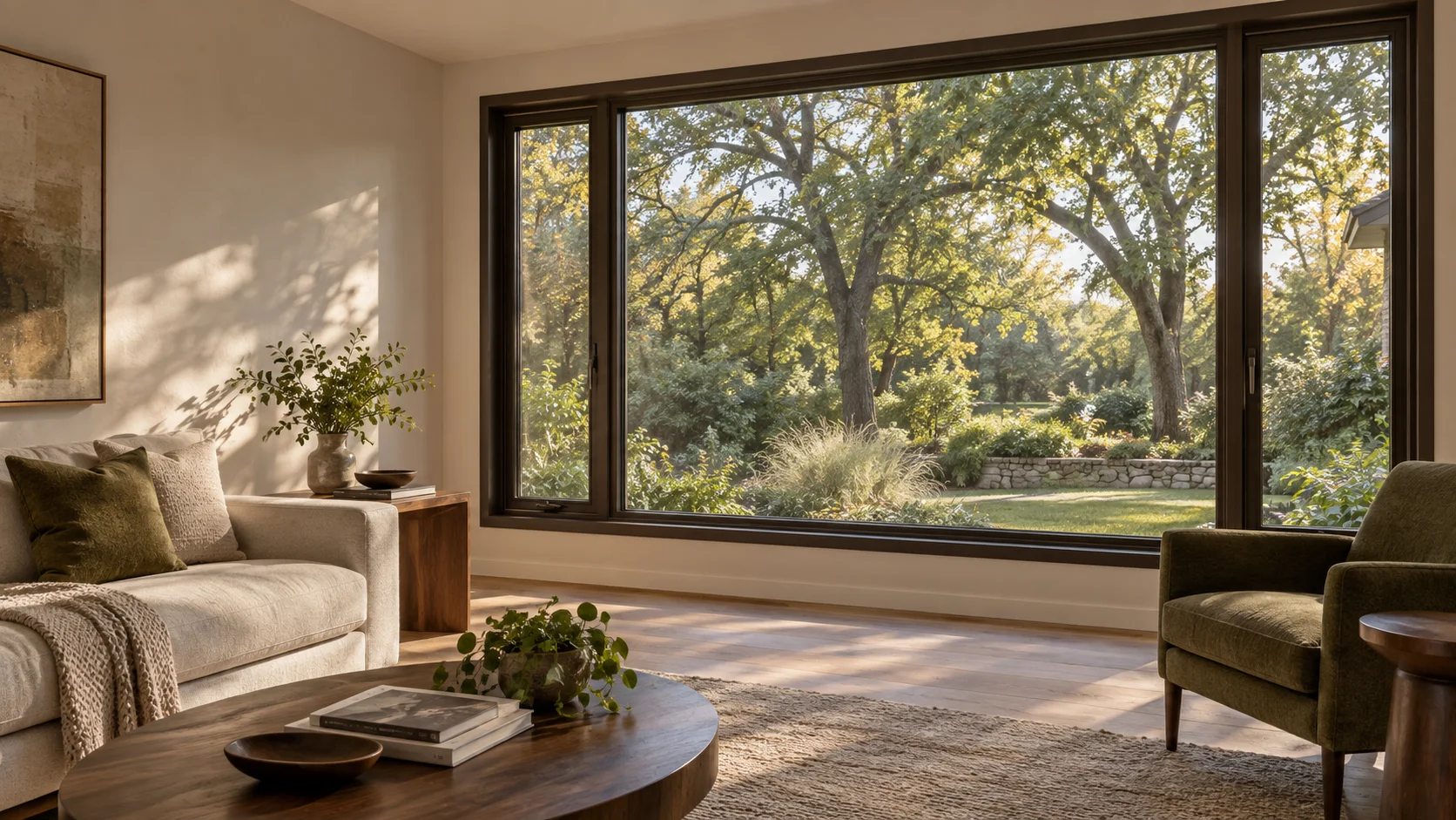 Illustrative concept of a warm living room with wide bronze-framed windows overlooking a leafy garden